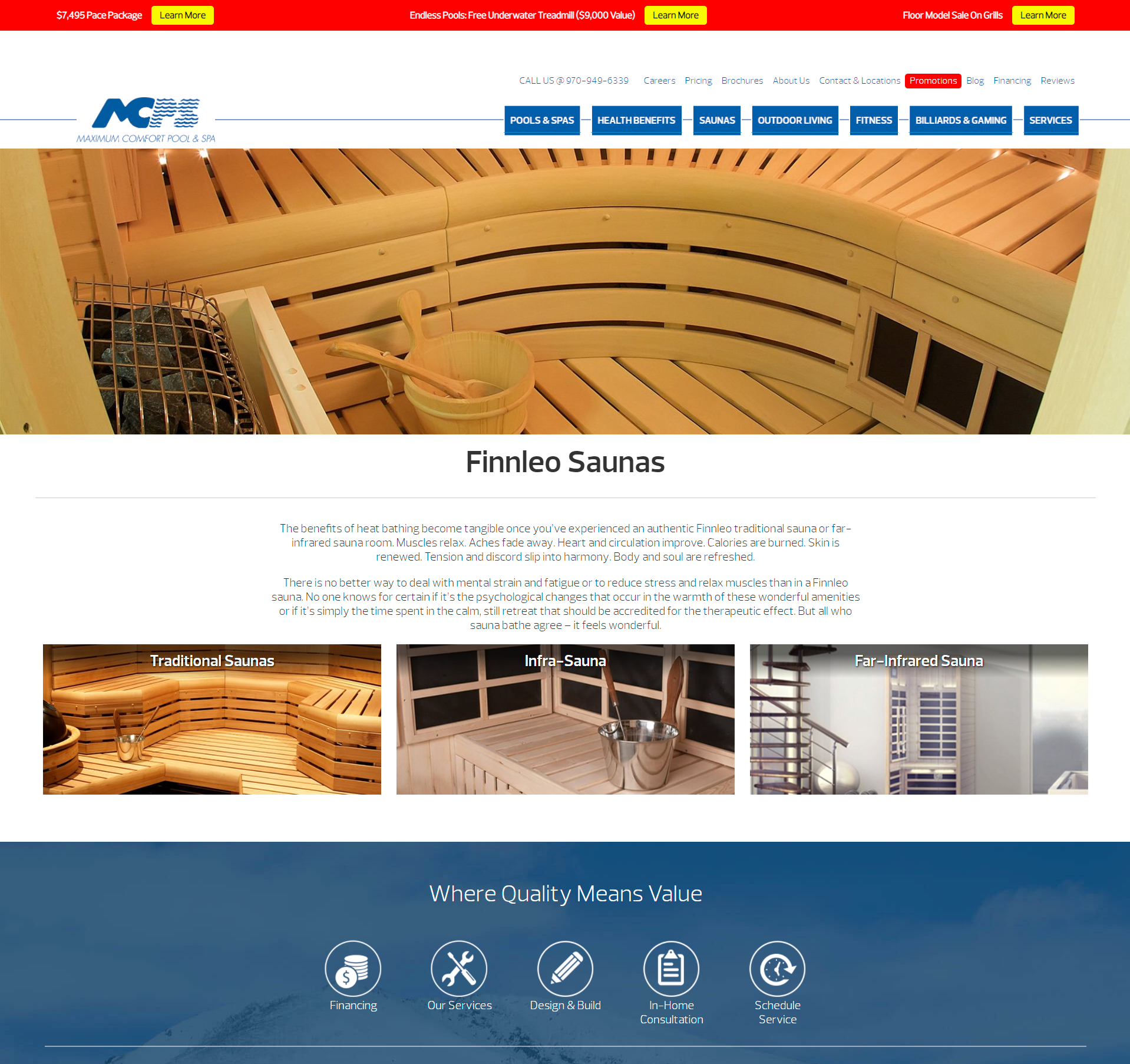 An example of a landing page for finnleo saunas for product pages