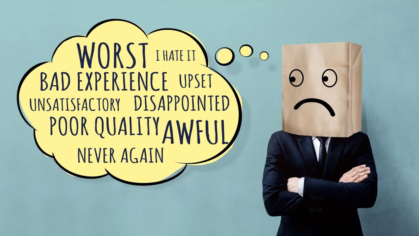 A man with a paper bag on head worries about negative reviews