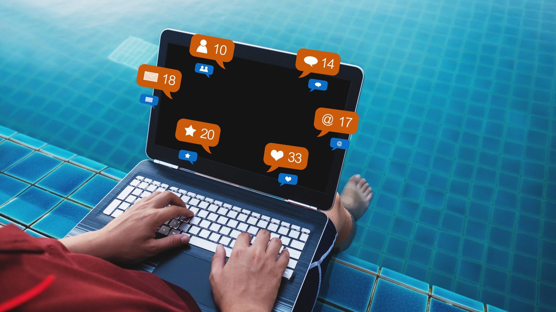 Man using facebook marketing for pools on his laptop by a pool